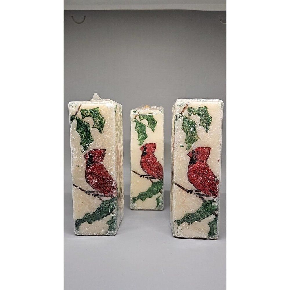Set Of (3) Vintage Bill Blass Cardinal Pillar Candles Height 5 7/8" Unburned